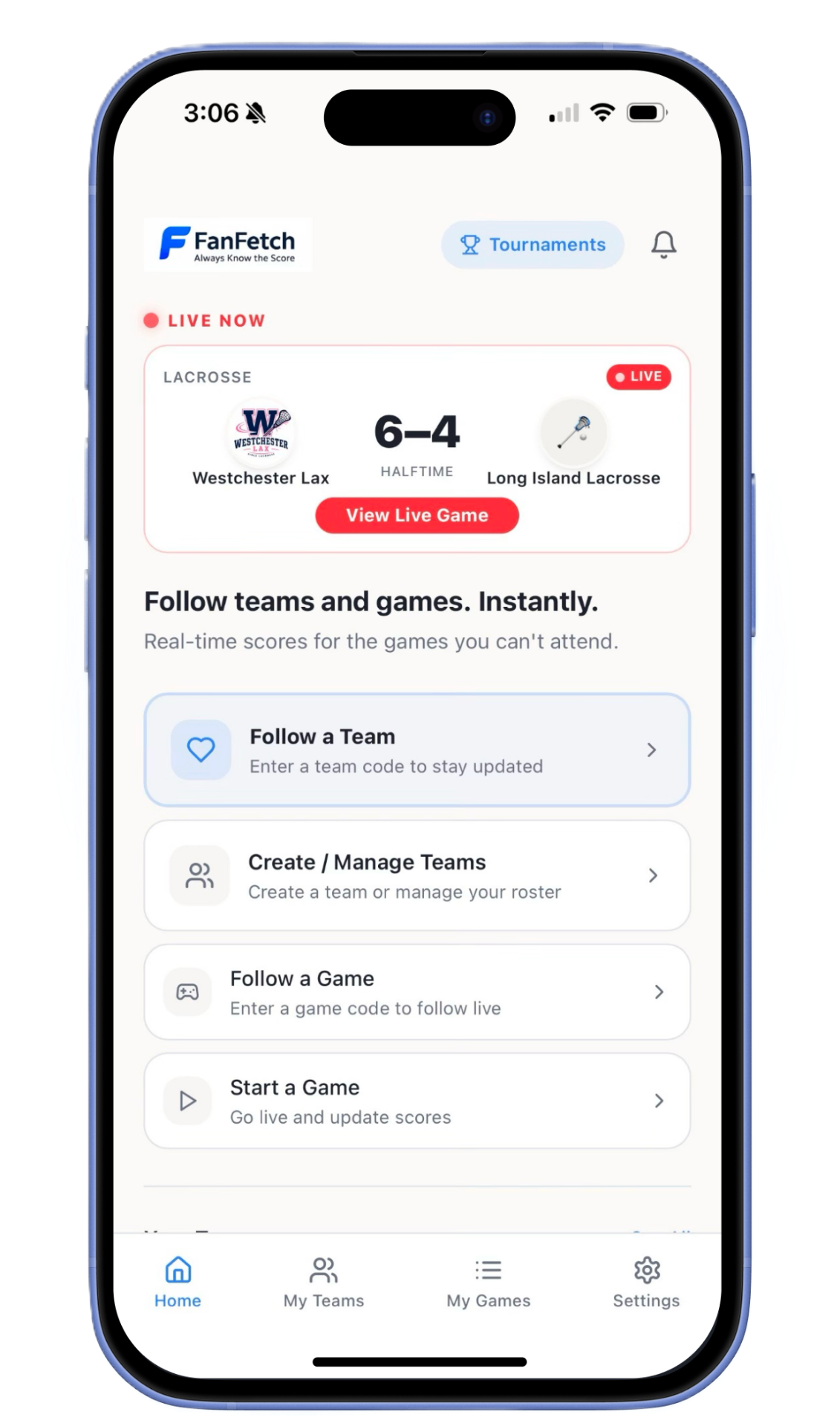 FanFetch showing a live Westchester lacrosse score and game-following options